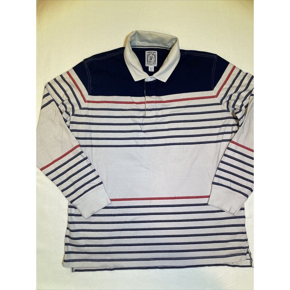 Vintage Lands' End Rugby Shirt Long Sleeve Polo Mens Size L Striped‎ Retro